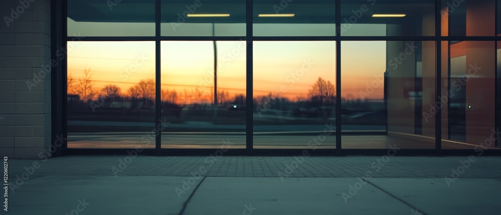 Fototapeta premium A quiet sunset reflects off a series of large, modern windows, capturing a serene urban moment.