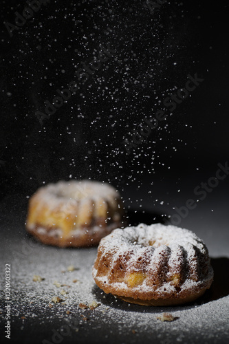Zwei kleine Gugelhupf werden mit Puderzucker bestreut, schwarzer Hintergrund, dark and moody