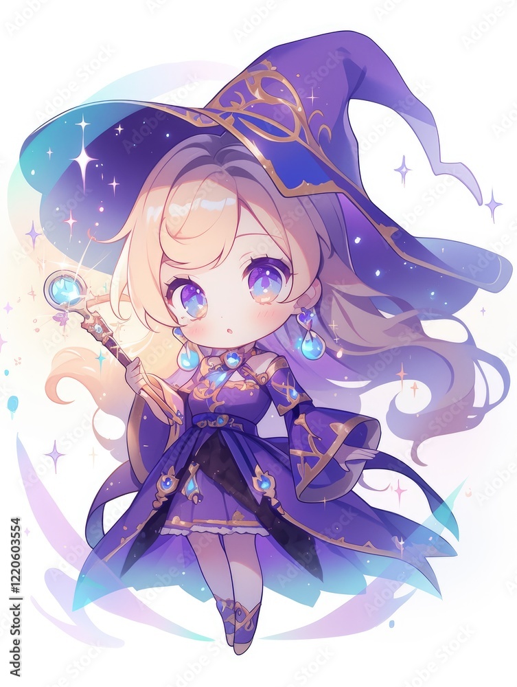 Fototapeta premium Adorable Anime Witch Girl With Wand And Purple Dress