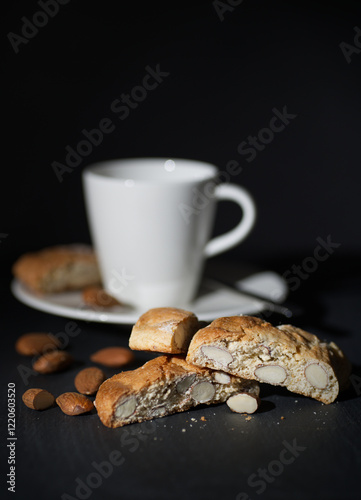 Cantuccini liegen vor einer Espressotasse, schwarzer Hintergrund, dark and moody
