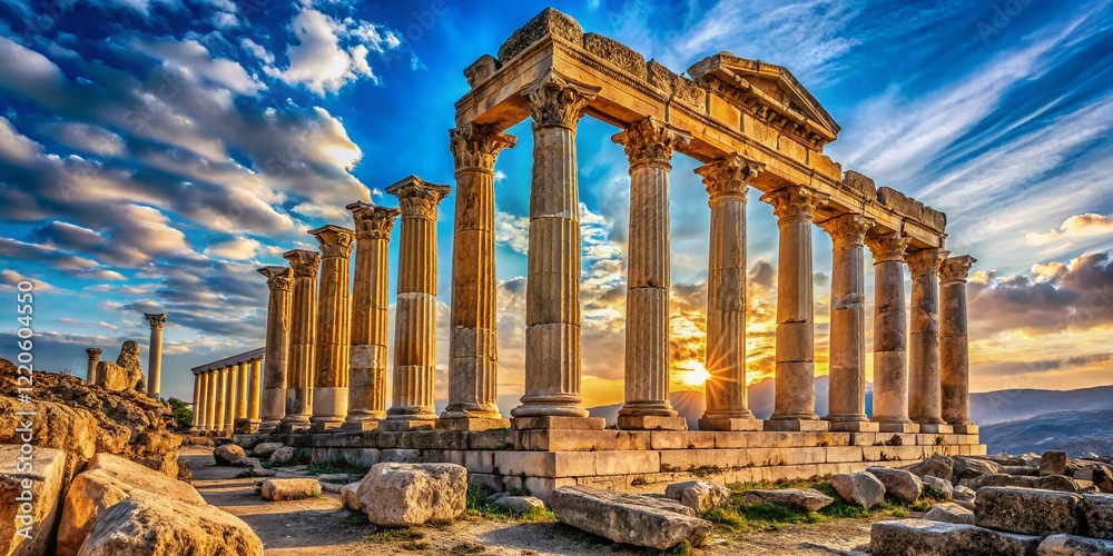 Obraz premium Ancient Marble Column Ruins: Majestic Blue Sky Landscape Photography