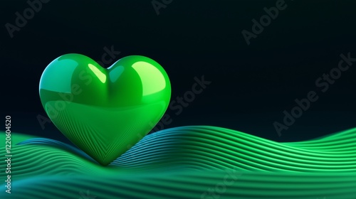 3D rendering of a green heart shape on a wavy, abstract background for a Valentine's Day concept, with copy space.