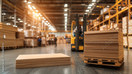 Heavy-duty particleboard sheets are stacked on a forklift in a busy warehouse, surrounded by workers and machines in constant motion. The high-energy environment is enhanced by sof