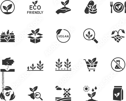 Vector set of organic farming flat icons. Contains icons eco friendly, chemical free, cultivate, soil testing, vegan, drought, organic fertilizer and more. Pixel perfect.