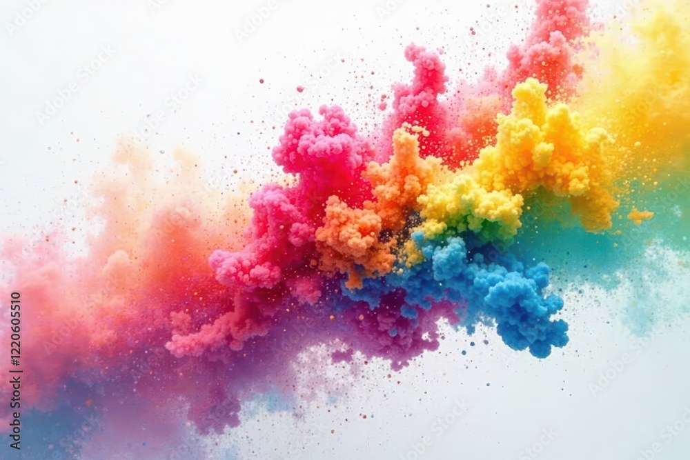 Swirling rainbow Holi colors explode, clean white backdrop , wide, colorful, dye Swirling rainbow Holi colors explode, clean white backdrop , wide, colorful, dye