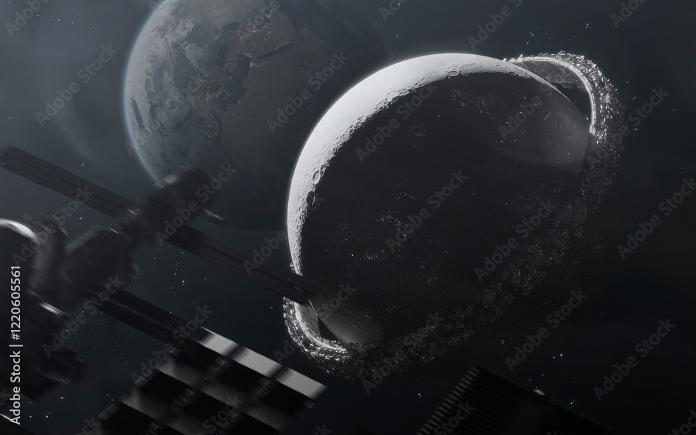 3D illustration of futuristic space station around the moon planet. High quality render, digital cosmic sci-fi art in 5K - realistic visualization