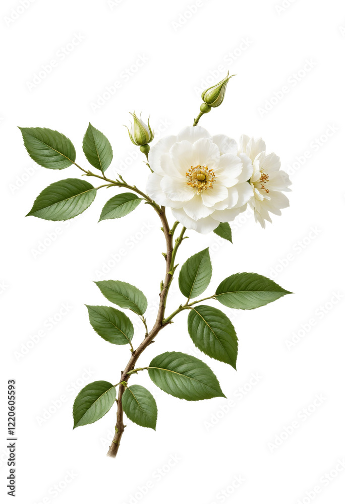Fototapeta premium White rose blossoms on branch with buds, transparent background