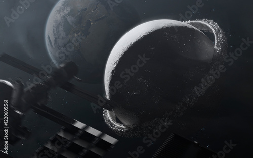 Obraz na płótnie 3D illustration of futuristic space station around the moon planet. High quality render, digital cosmic sci-fi art in 5K - realistic visualization w salonie