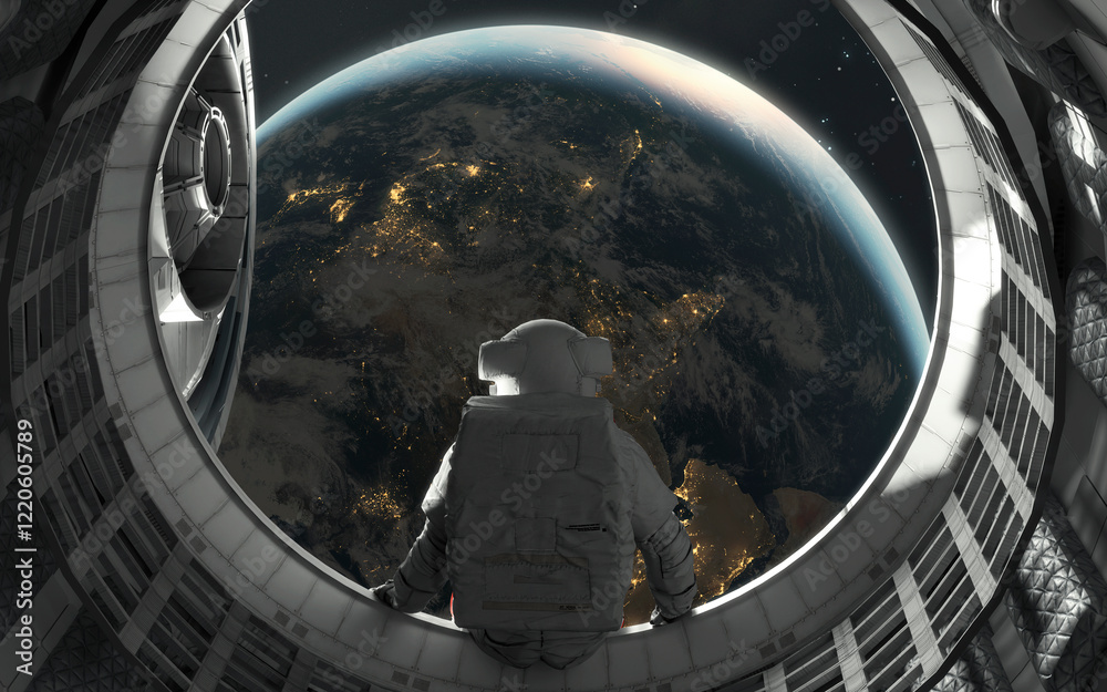 3D illustration of astronaut observing Earth from a space station window, showcasing the beauty of our planet against the backdrop of space