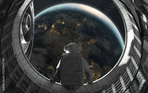 Obraz na płótnie 3D illustration of astronaut observing Earth from a space station window, showcasing the beauty of our planet against the backdrop of space w salonie