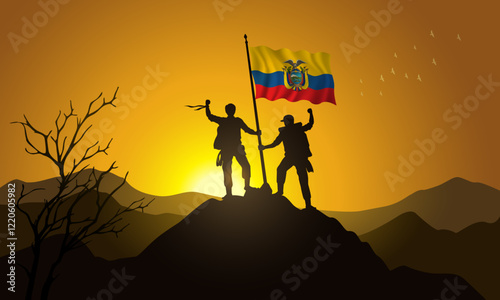 Ecuador flag, silhouette of two climbers holding a flag at sunset over the mountain