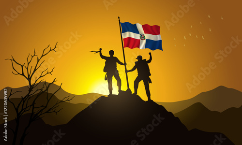 Dominican Republic flag, silhouette of two climbers holding a flag at sunset over the mountain