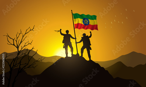 Ethiopia flag, silhouette of two climbers holding a flag at sunset over the mountain