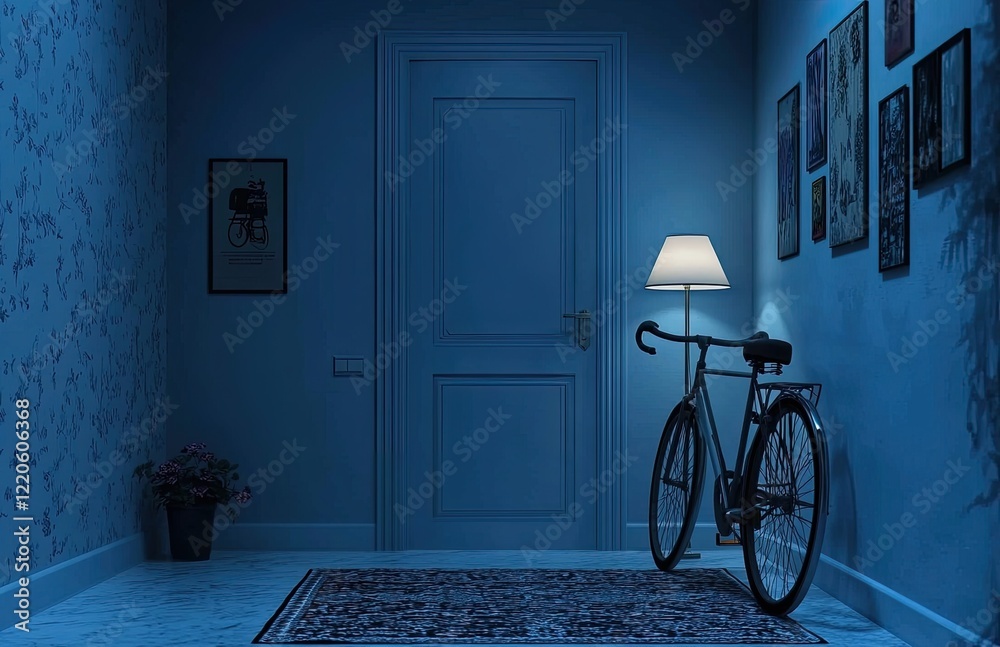 Blue room with a bicycle and a black and white rug on the floor, a vintage lamp in front of a blue wall Blue room with a bicycle and a black and white rug on the floor, a vintage lamp in front of a blue wall