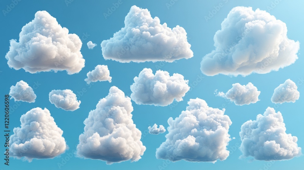 In the blue sky, a 3D white cloud set. Cute bubble-shaped clouds in cartoon form. Render-style plasticine 3D weather icons. trendy puffy clouds. vector drawing. In the blue sky, a 3D white cloud set. Cute bubble-shaped clouds in cartoon form. Render-style plasticine 3D weather icons. trendy puffy clouds. vector drawing.