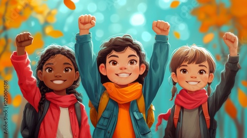 Three diverse young children celebrate with raised fists in an autumn setting filled with falling leaves symbolizing unity and freedom