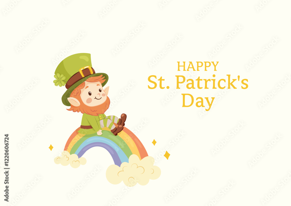 Horizontal St. Patrick's Day greeting card. Cute leprechaun sitting on a rainbow Horizontal St. Patrick's Day greeting card. Cute leprechaun sitting on a rainbow