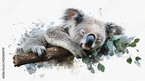 Sleepy koala resting on eucalyptus branch with watercolor splash effect, artistic nature wildlife illustration in soft grey and green tones