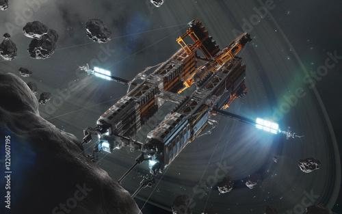 Obraz na płótnie 3D illustration of futuristic industrial spaceship in deep space. High quality render, digital cosmic sci-fi art in 5K - realistic visualization w salonie