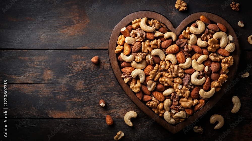 Heart shaped assortment of nuts featuring almonds on rustic wooden background Heart shaped assortment of nuts featuring almonds on rustic wooden background
