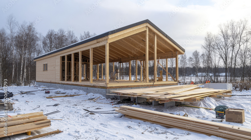 modern wooden house under construction in snowy landscape, showcasing framework and materials used modern wooden house under construction in snowy landscape, showcasing framework and materials used