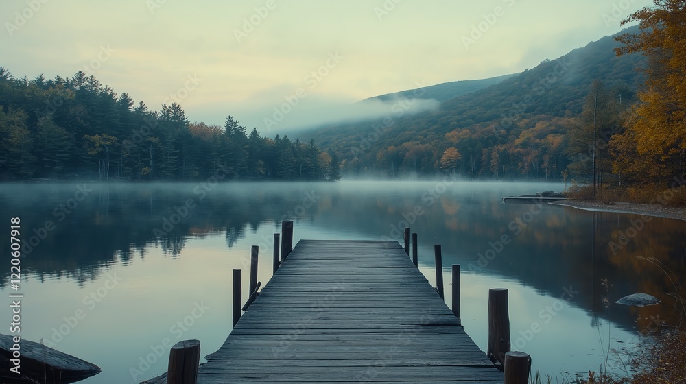 Naklejka premium A rustic wooden dock extending into a calm lake surrounded by misty mountains