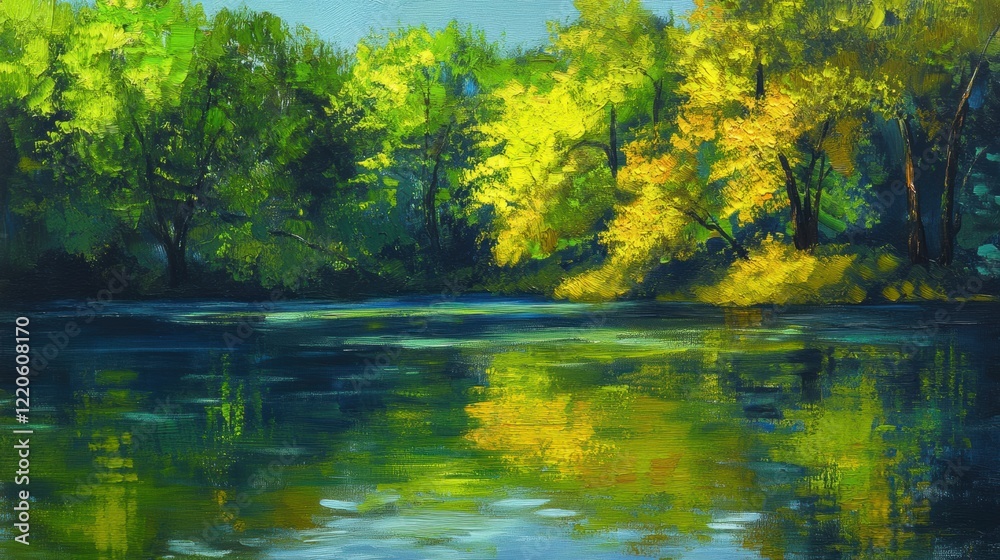 Calm breeze over a peaceful lake surrounded by vibrant green trees Calm breeze over a peaceful lake surrounded by vibrant green trees