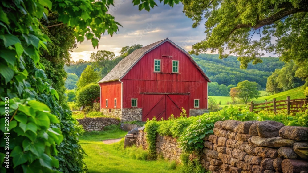 A picturesque red barn nestled between two stone walls, framed by lush greenery and vines, in a tranquil countryside setting , rural A picturesque red barn nestled between two stone walls, framed by lush greenery and vines, in a tranquil countryside setting , rural
