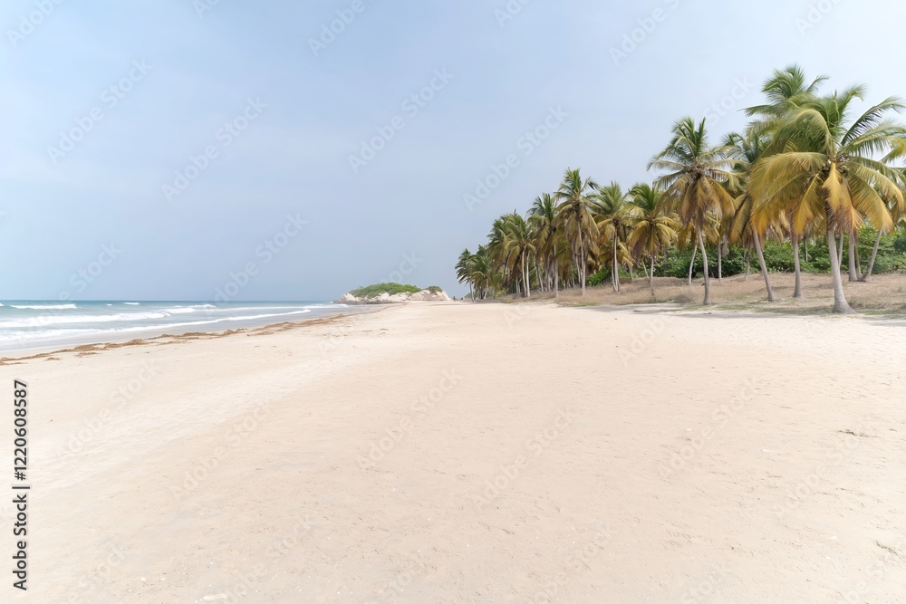Serene beach with palm trees under a clear sky, inviting relaxation Serene beach with palm trees under a clear sky, inviting relaxation