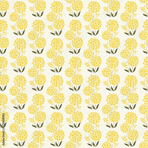 Seamless Floral Pattern Featuring Yellow Flowers and Green Leaves on Neutral Background. Suitable for backgrounds, wallpapers, and fabric designs, bringing a natural and refreshing vibe to any project