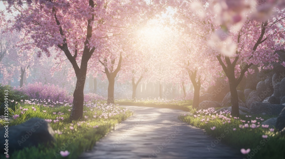 Cherry blossom trees lining a tranquil garden with soft sunlight filtering through Cherry blossom trees lining a tranquil garden with soft sunlight filtering through