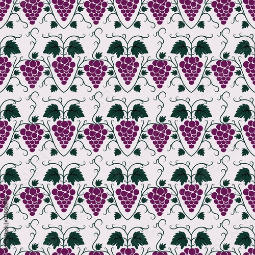 Seamless Pattern Featuring Purple Grapes With Decorative Vines and Leaves. Creating an aesthetic and repeating design suitable for backgrounds, wallpapers, or fabric decoration