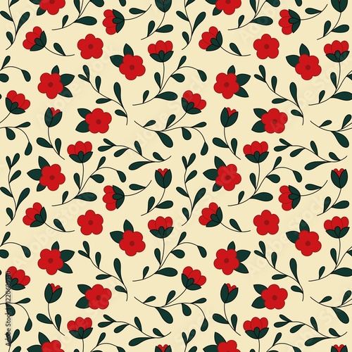Seamless Floral Pattern With Red Poppy Flowers and Green Leaves on Beige Background. Perfect for textile design, wallpaper, gift wrapping, and other artistic and decorative uses.