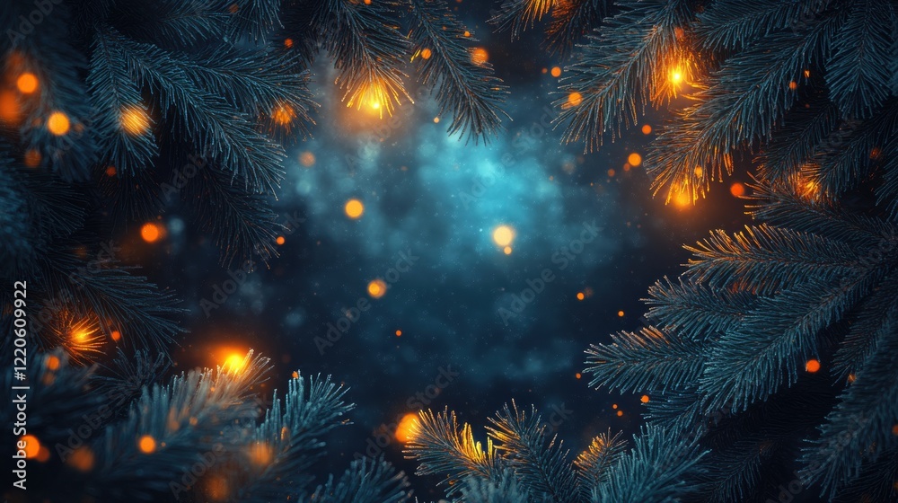 Fototapeta premium Christmas background with frosty pine branches and warm glowing lights