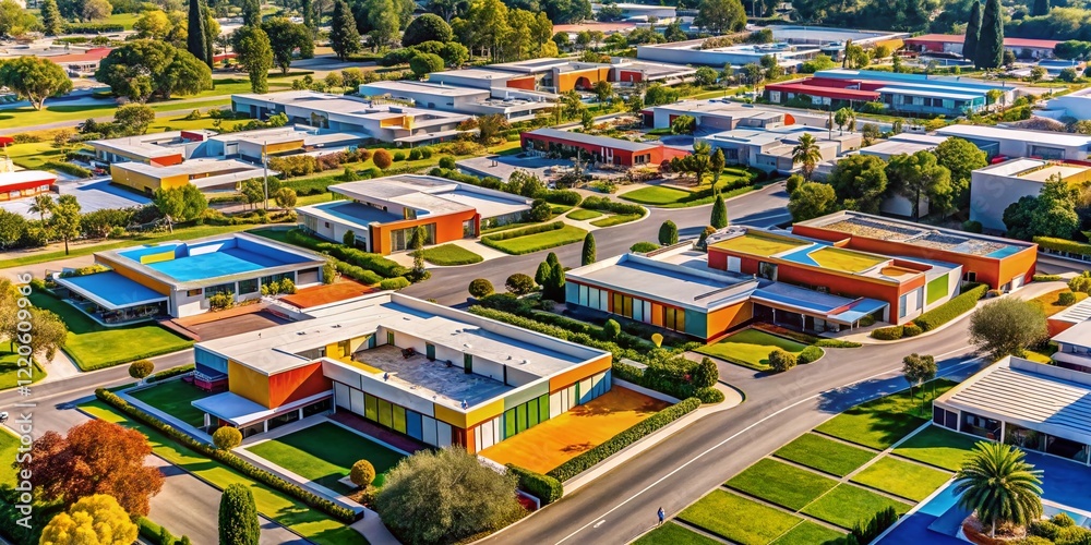 Naklejka premium Atomic Retro 50s Seamless Patterns: Aerial View of Mid-Century Modern Architecture