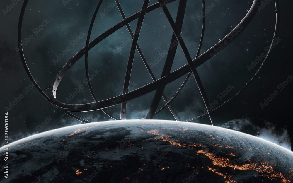3D illustration of A giant ring-shaped space station floating in space. High quality digital space sci-fi art in 5K - realistic visualization. Render