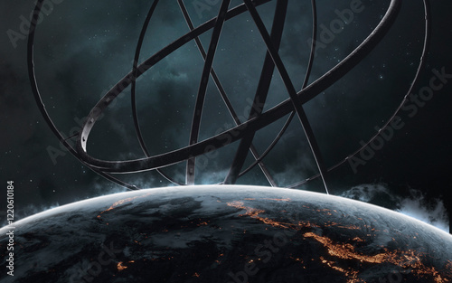 Obraz na płótnie 3D illustration of A giant ring-shaped space station floating in space. High quality digital space sci-fi art in 5K - realistic visualization. Render w salonie