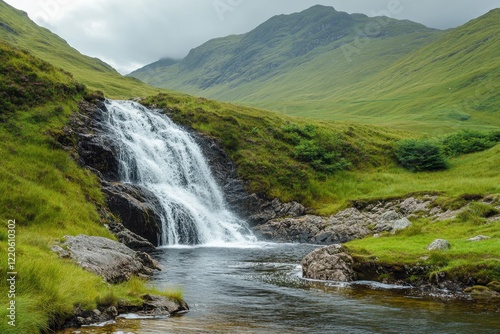 Highland waterfall cascading down green hills