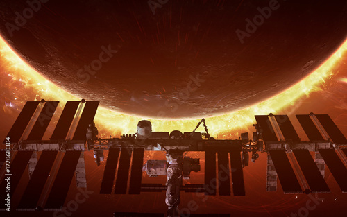 Obraz na płótnie 3D illustration of A huge space station - an artificial structure. High quality digital space sci-fi art in 5K - realistic visualization. Render w salonie