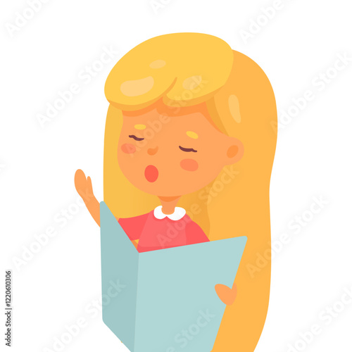 Cute girl singing song. Concert, performance rehearsal. Children choir. Cartoon vector illustration.