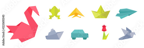 Origami collection. Paper figures. Frog, fish, swan and dove. Traditional oriental art, artistic hobby. Car, ship, plane and flower. Handmade decorations. Cartoon vector illustrations set.