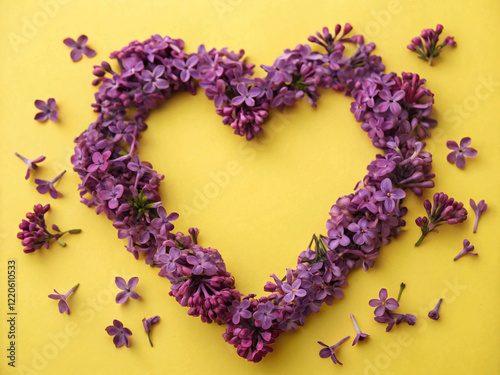 heart made of lavender, Purple heart of fragrant dried flowers on a bright yellow background
