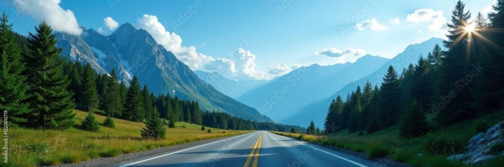 Forest and mountains meet at a winding road with a blue sky above, blue, scenery, mountain Forest and mountains meet at a winding road with a blue sky above, blue, scenery, mountain
