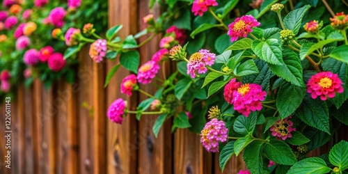 Lush green foliage with vibrant pink lantana camara flowers in full bloom, set against a warm wooden fence with a few leaves scattered around , pink flowers, lantana plant