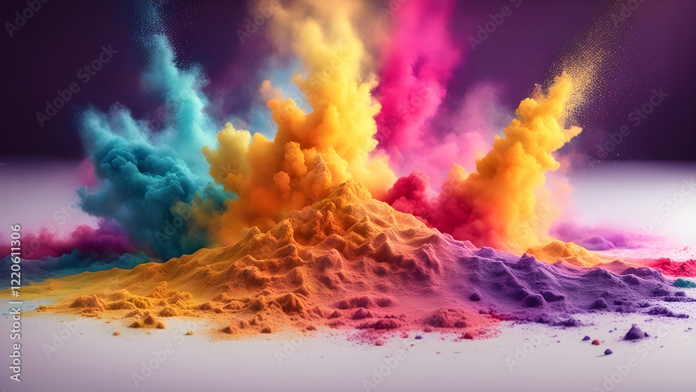 Naklejka premium Abstract vibrant powder explosion forming colorful mountain landscape.