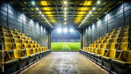 A darkened tunnel with stadium seats lining the walls, leading to a brightly lit soccer field at Signal Iduna Park, soccer field, German soccer arena photo