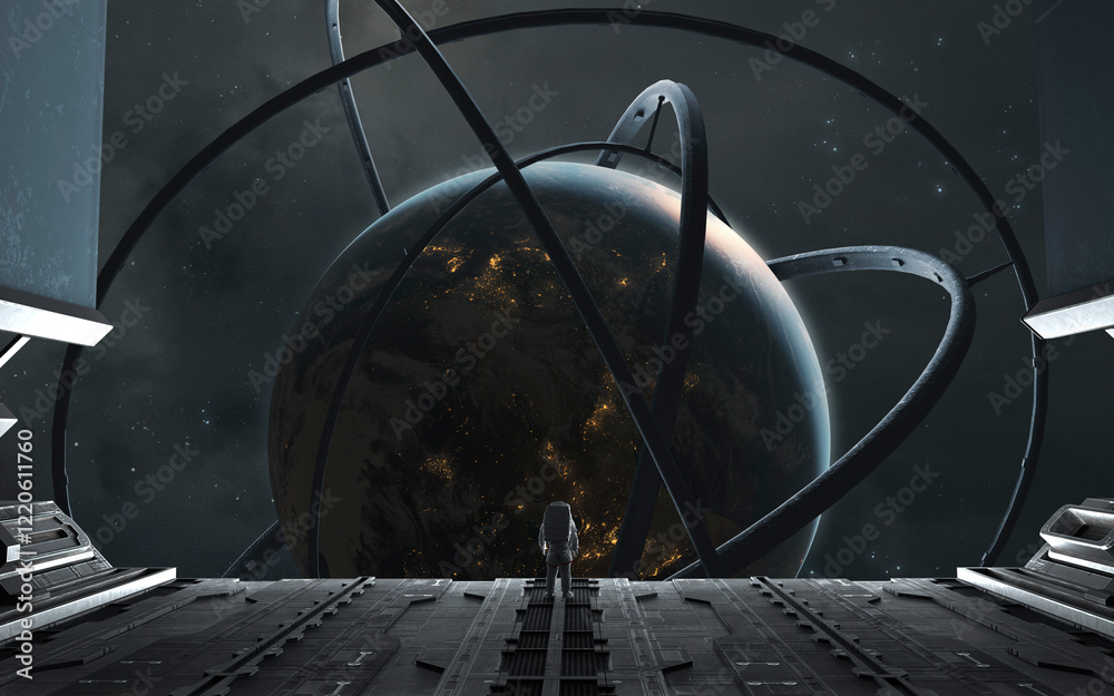 3D illustration of An astronaut looks into the distance from a platform of a space station. High quality digital space sci-fi art in 5K - realistic visualization. Render