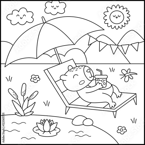 Vector black and white capybara landscape illustration. Cute square line scenery with capibara lying on sun lounger under beach umbrella drinking bubble tea. Funny scene, coloring page with animal