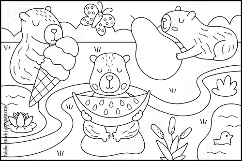 Vector black and white capybara landscape illustration. Cute line scenery with capibaras holding fruits and ice-cream. Funny scene coloring page. Happy land picture for kids with pear, watermelon