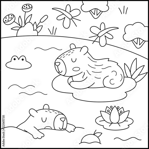 Vector black and white capybara landscape illustration. Line square scenery with capibaras swimming in the lake. Funny scene with adorable animal. Happy land background, coloring page for kids